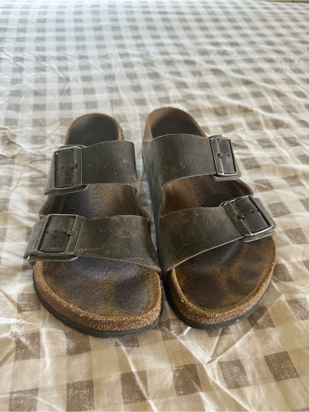 Birkenstock Gray Double Buckle Leather Slide Sandals